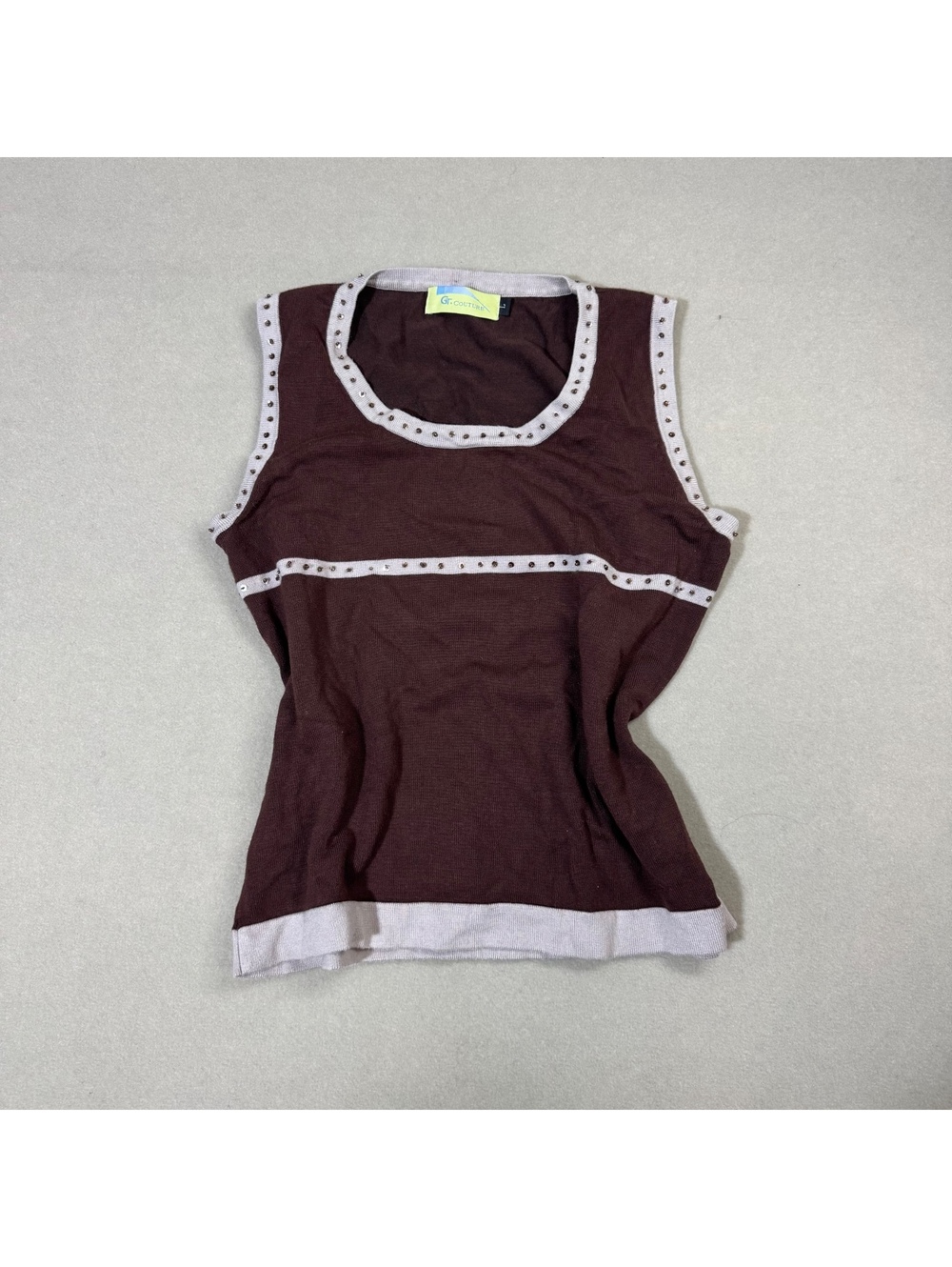 Y2K GT Couture Brown Beaded Knit Tank Top Sleeveless Sequin Trim Women's L